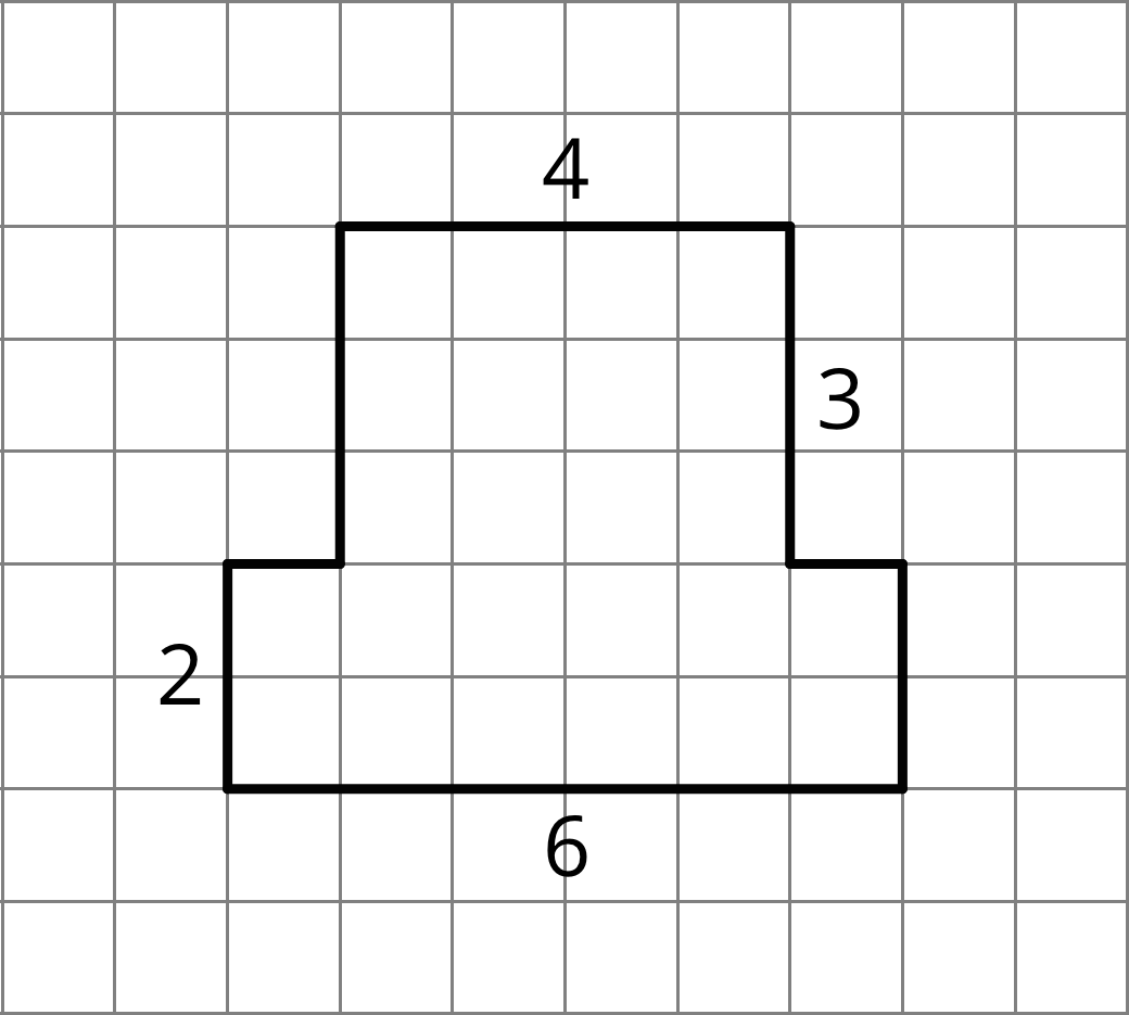 A figure with a top side of 4 units and a bottom side of 6 units. The lower portion of the figure has sides that are 2 units tall, and the upper portion has sides that 3 units tall. All angles are right angles.
