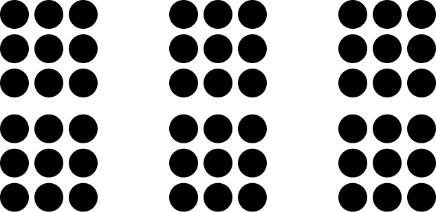 (Tactile is recommended for this image) An image of dots arranged in groups. There are 6 groups of 9 dots arranged in a 3 by 3 square pattern.