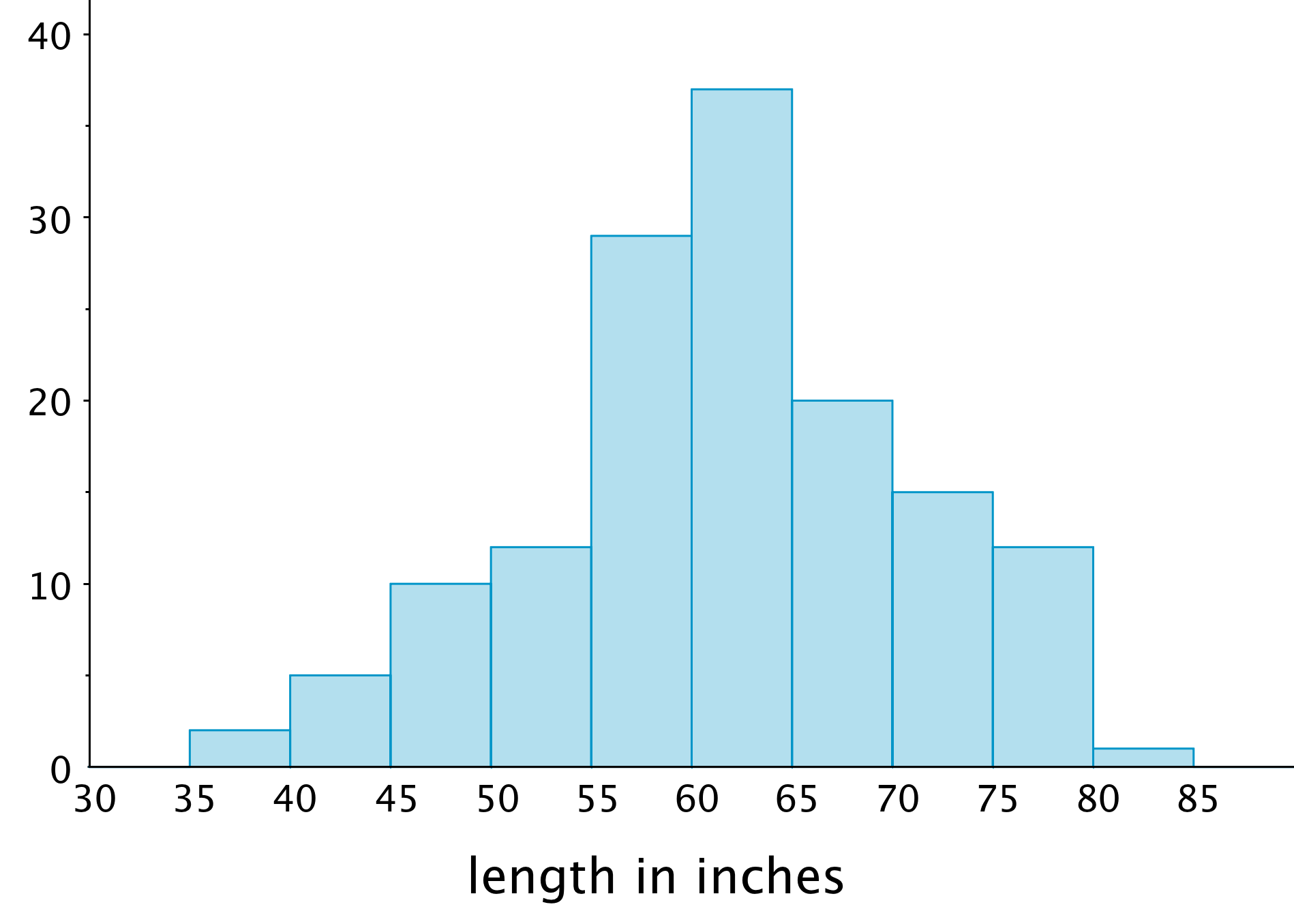 A histogram. The horizontal axis is labeled “length in inches,” the numbers 30 through 85, in increments of 5, are indicated. On the vertical axis, the numbers 0 through 40, in increments of 10, are indicated, with tick marks midway between. The data represented are approximately: length from 35 up to 40 inches, 2; length from 40 up to 45 inches, 5; length from 45 up to 50 inches, 10; length from 50 inches up to 55 inches, 11; length from 55 up to 60 inches; 30; length from 60 up to 65 inches, 37; length from 65 up to 70 inches, 20; length from 70 up to 75 inches, 15; length from 75 to up to 80 inches, 11; length from 80 up to 85 inches, 1.