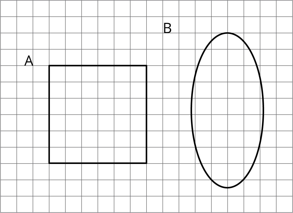 Two figures on a grid labeled A and B. Figure A is a square with horizontal distance 6 units. Figure B is a curved figure with horizontal distance of approximately 4 units and vertical distance of approximately 9.5 units.