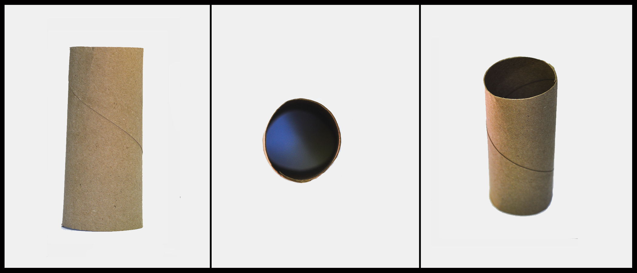 Three different views of a circular shaped toilet paper tube. The first view is of the vertical height of the tube. The second view is of the circular base of the tube. The third view is of both the base and the height of the tube.
